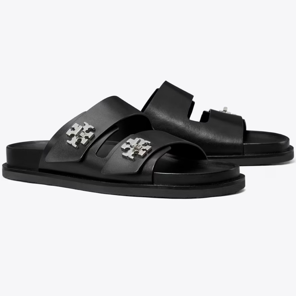 Tory Burch Black Leather Double-Strap Slide Sandals with Silver Logo